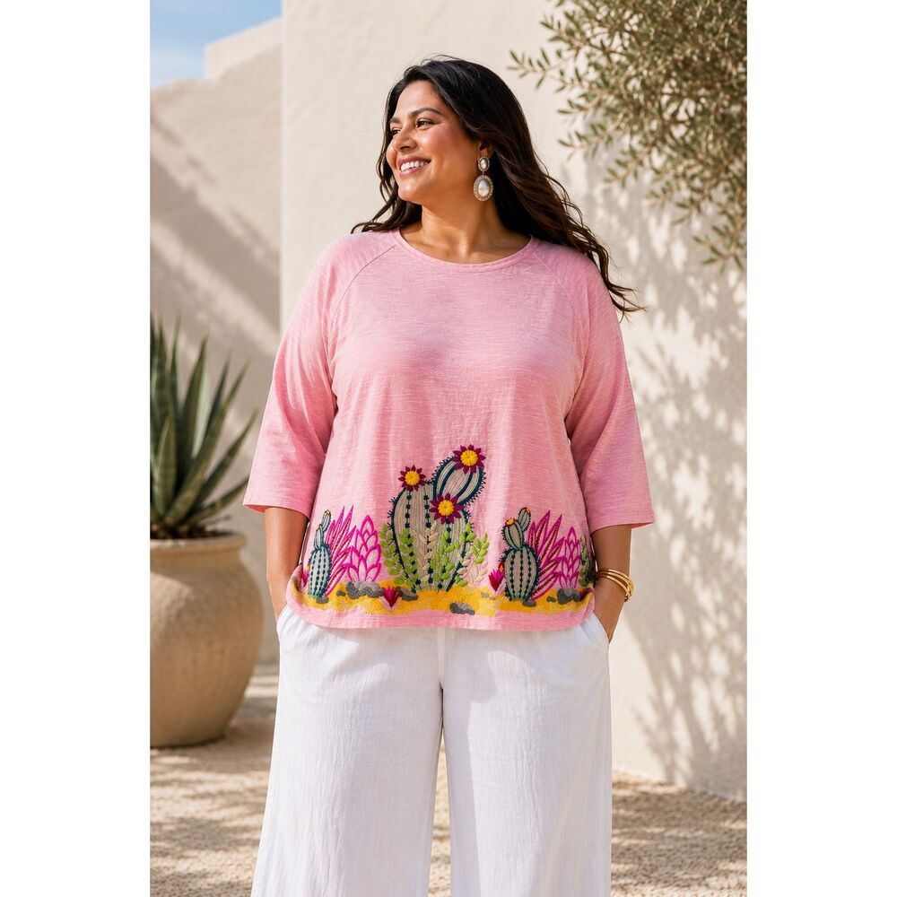 Avani Del Amour Pink Embroidered Cactus Cotton Tunic Top 1X Boho Southwestern